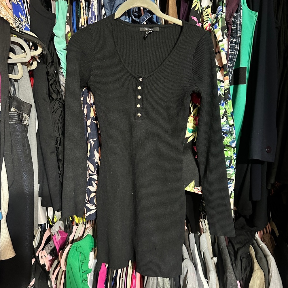 Black Ribbed Long Sleeve Dress
